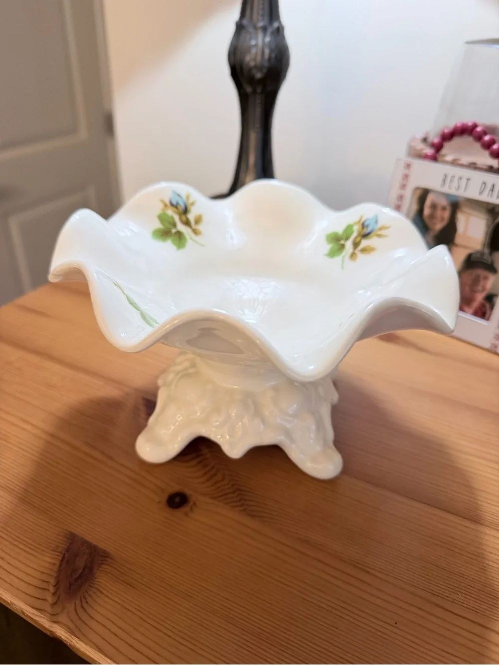 White Porcelain Scalloped Pedestal Bowl with Floral Accents